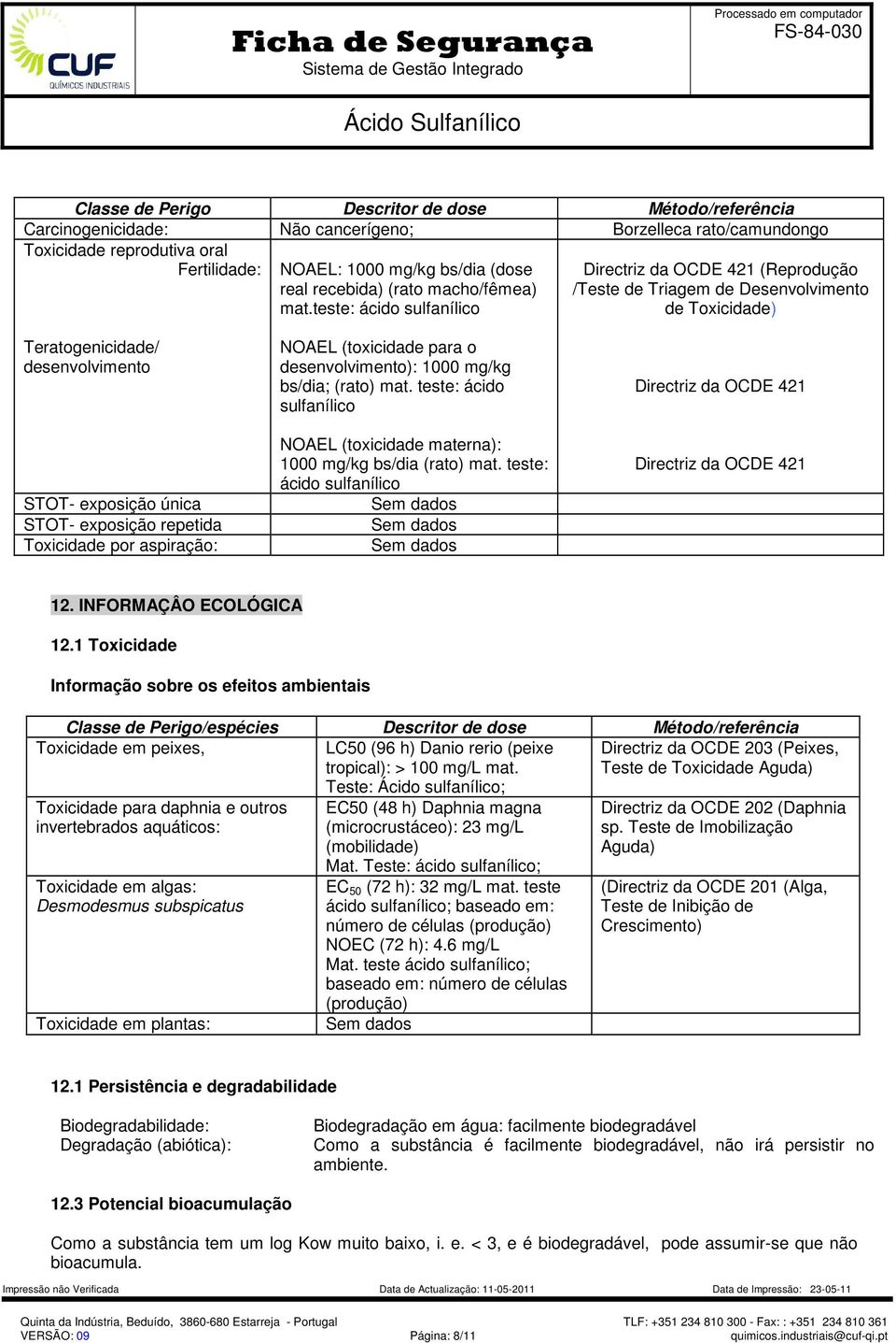 teste: ácido sulfanílico Directriz da OCDE 421 (Reprodução /Teste de Triagem de Desenvolvimento de Toxicidade) Teratogenicidade/ desenvolvimento STOT- exposição única STOT- exposição repetida