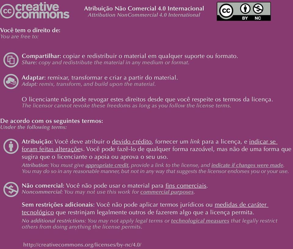Share: copy and redistribute the material in any medium or format. Adaptar: remixar, transformar e criar a partir do material. Adapt: remix, transform, and build upon the material.