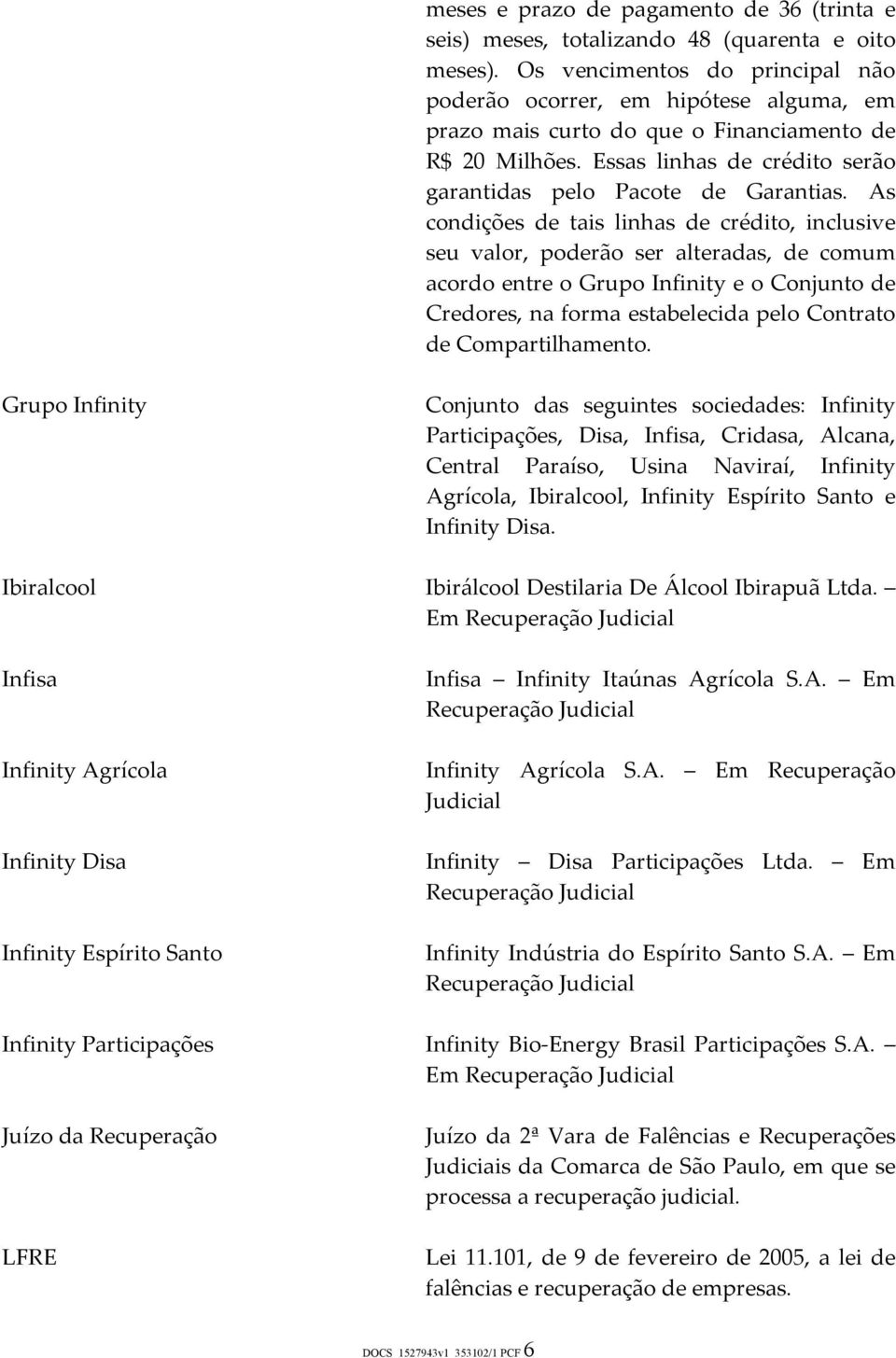 As condições de tais linhas de crédito, inclusive seu valor, poderão ser alteradas, de comum acordo entre o Grupo Infinity e o Conjunto de Credores, na forma estabelecida pelo Contrato de