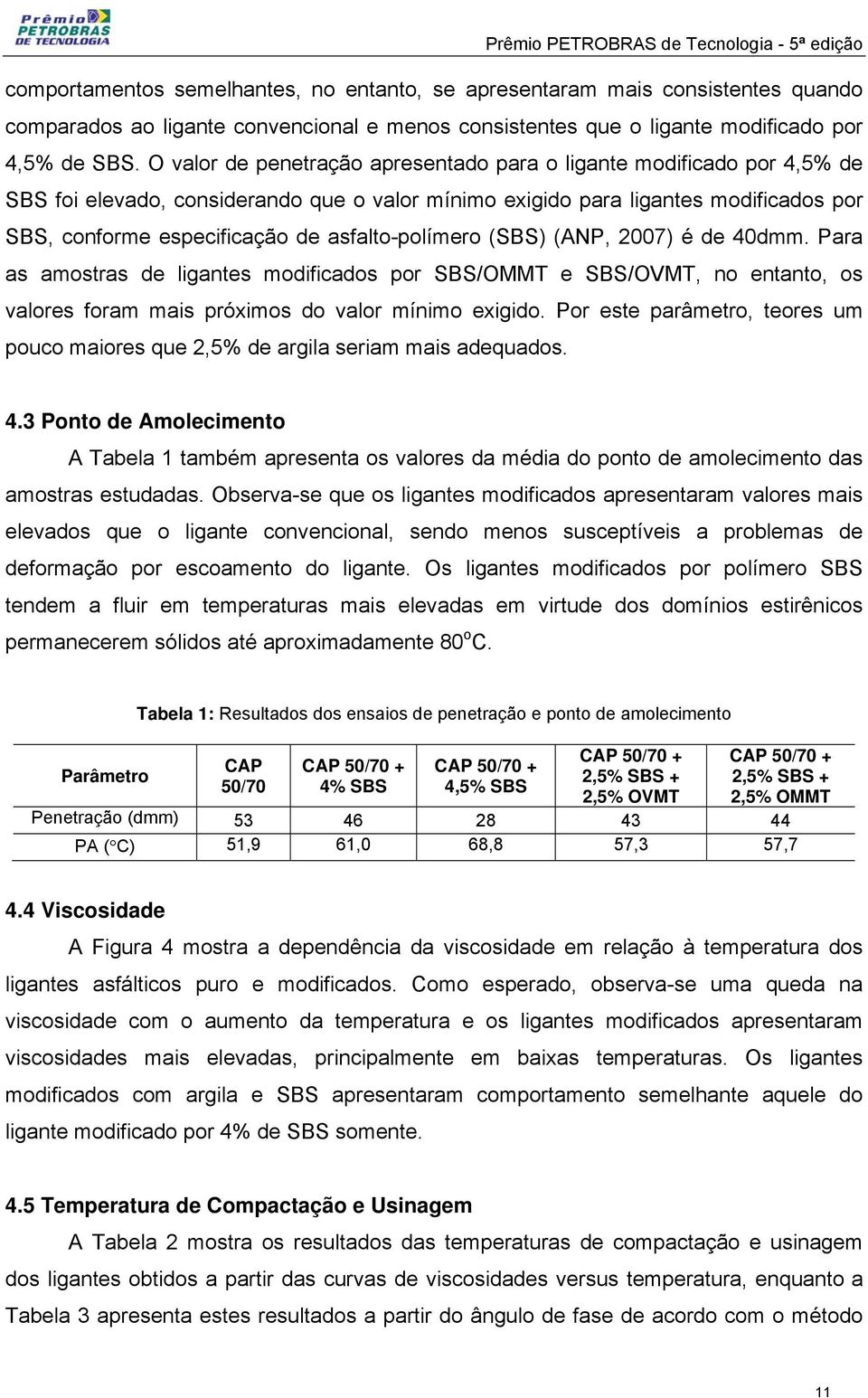 asfalto-polímero (SBS) (ANP, 2007) é de 40dmm. Para as amostras de ligantes modificados por SBS/OMMT e SBS/OVMT, no entanto, os valores foram mais próximos do valor mínimo exigido.