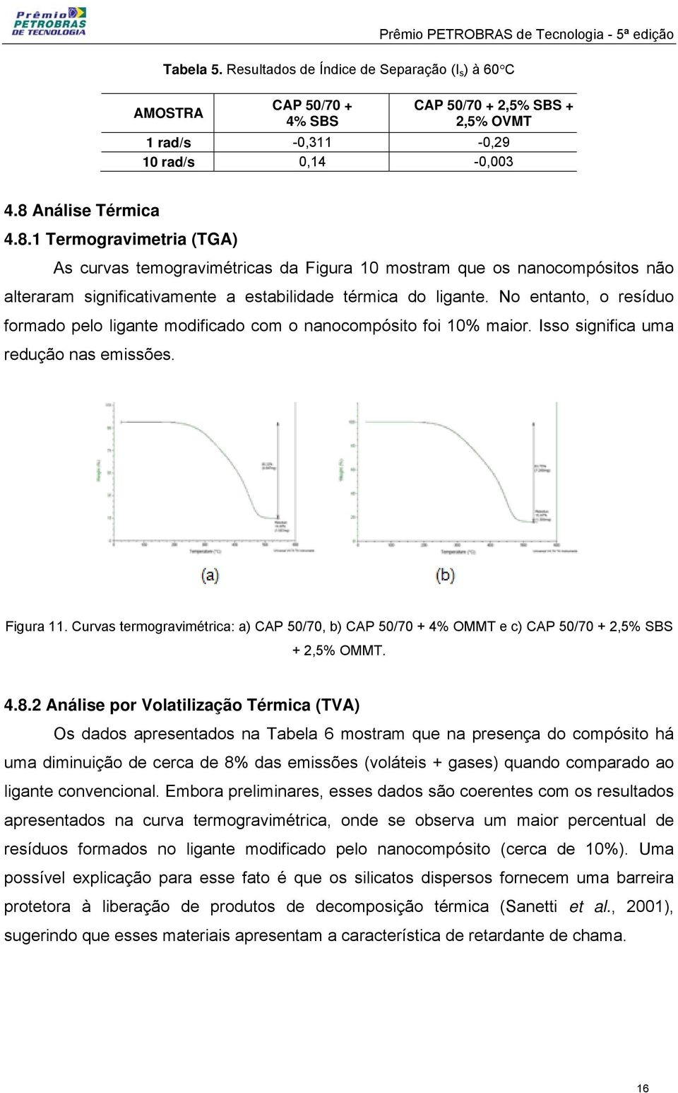 No entanto, o resíduo formado pelo ligante modificado com o nanocompósito foi 10% maior. Isso significa uma redução nas emissões. Figura 11.