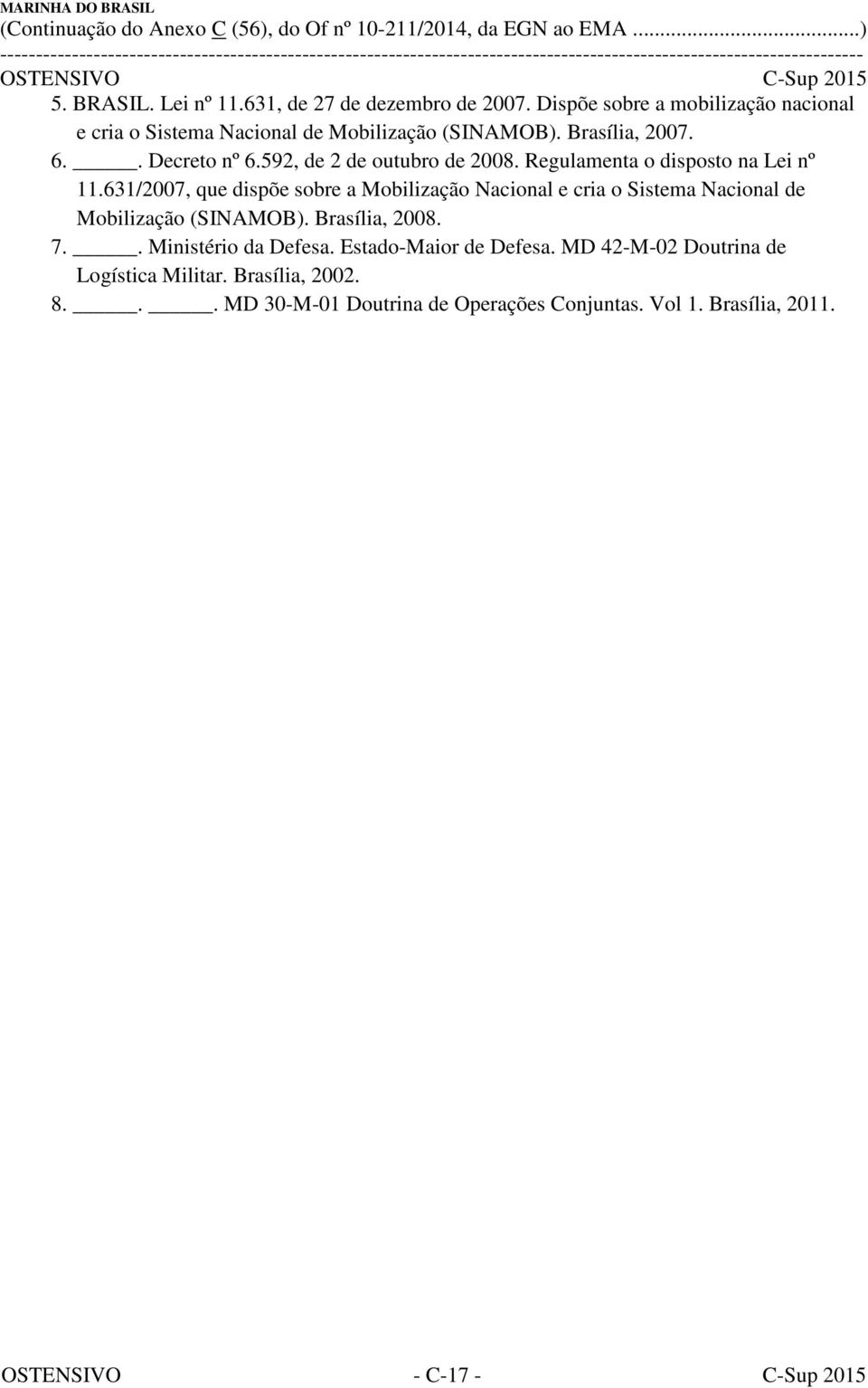 631/2007, que dispõe sobre a Mobilização Nacional e cria o Sistema Nacional de Mobilização (SINAMOB). Brasília, 2008. 7.. Ministério da Defesa.