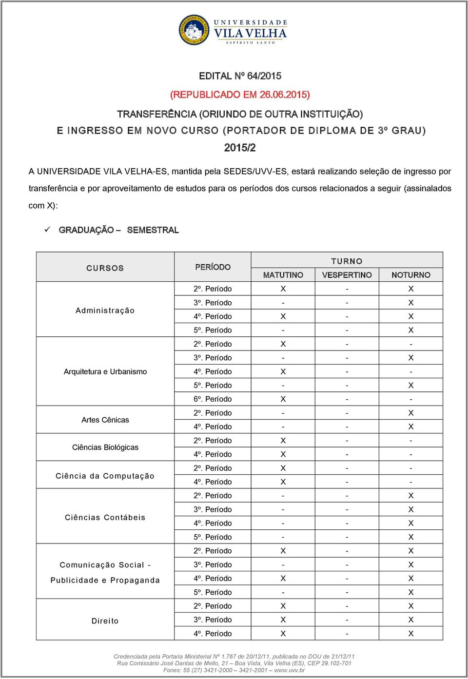 de ingresso por transferência e por aproveitamento de estudos para os períodos dos cursos relacionados a seguir (assinalados com X): GRADUAÇÃO SEMESTRAL CURSOS Administração Arquitetura e Urbanismo