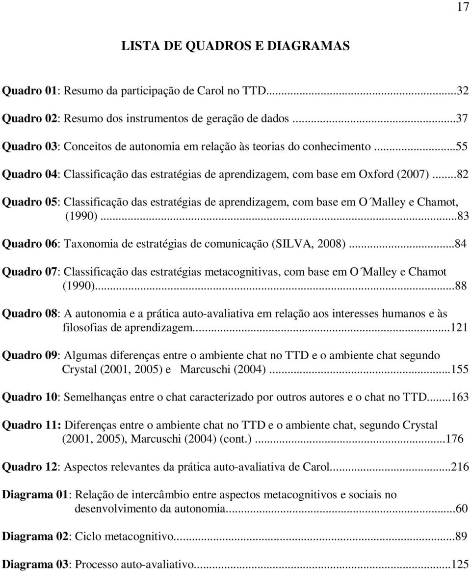 ..82 Quadro 05: Classificação das estratégias de aprendizagem, com base em O Malley e Chamot, (1990)...83 Quadro 06: Taxonomia de estratégias de comunicação (SILVA, 2008).