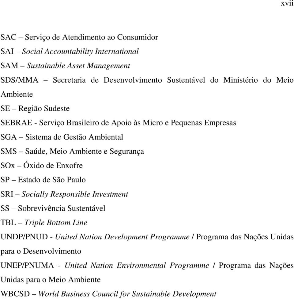 Enxofre SP Estado de São Paulo SRI Socially Responsible Investment SS Sobrevivência Sustentável TBL Triple Bottom Line UNDP/PNUD - United Nation Development Programme / Programa das