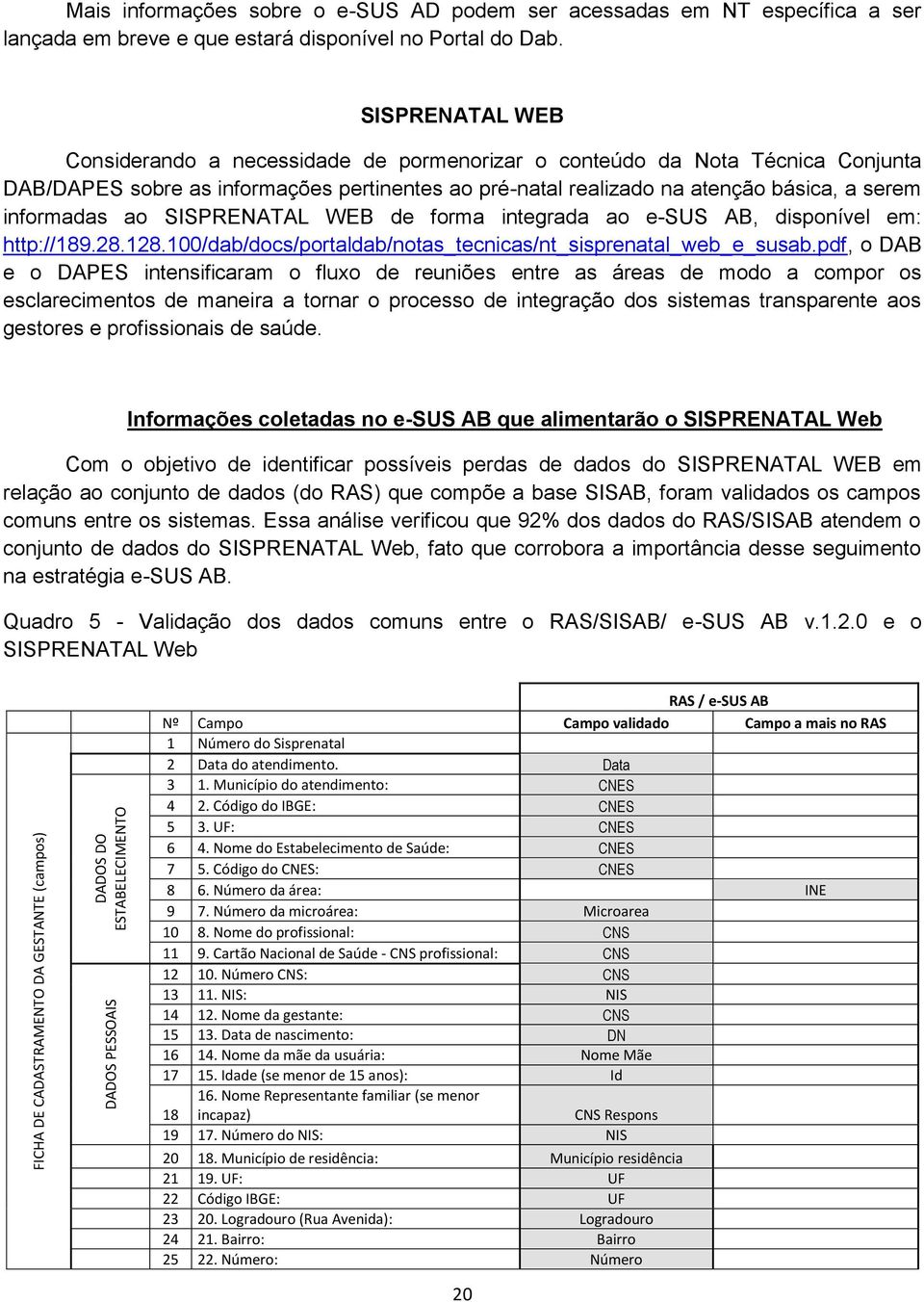 ao SISPRENATAL WEB de forma integrada ao e-sus AB, disponível em: http://189.28.128.100/dab/docs/portaldab/notas_tecnicas/nt_sisprenatal_web_e_susab.