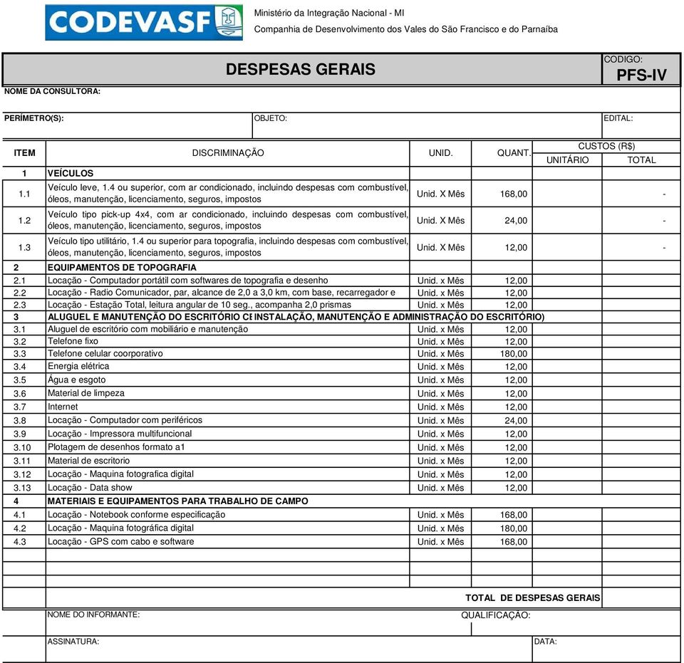 2 Veículo tipo pick-up 4x4, com ar condicionado, incluindo despesas com combustível, óleos, manutenção, licenciamento, seguros, impostos Unid. X Mês 24,00-1.3 Veículo tipo utilitário, 1.