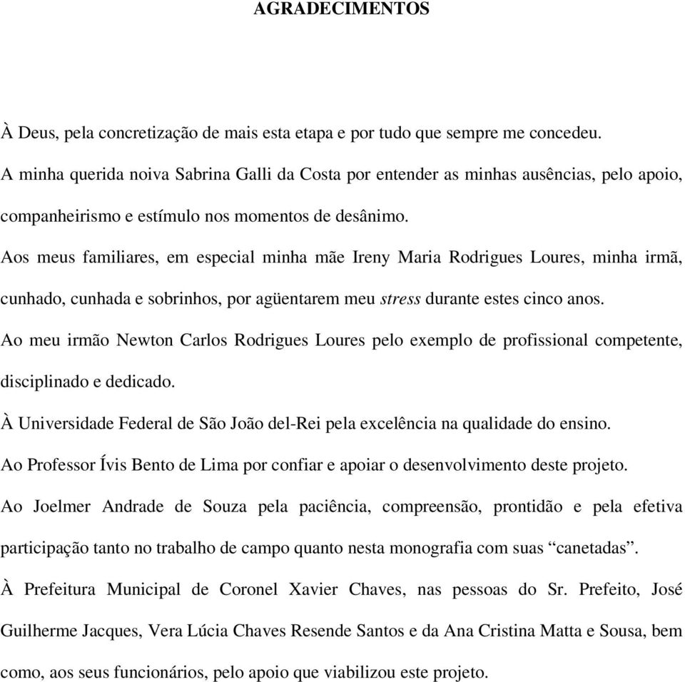 Aos meus familiares, em especial minha mãe Ireny Maria Rodrigues Loures, minha irmã, cunhado, cunhada e sobrinhos, por agüentarem meu stress durante estes cinco anos.