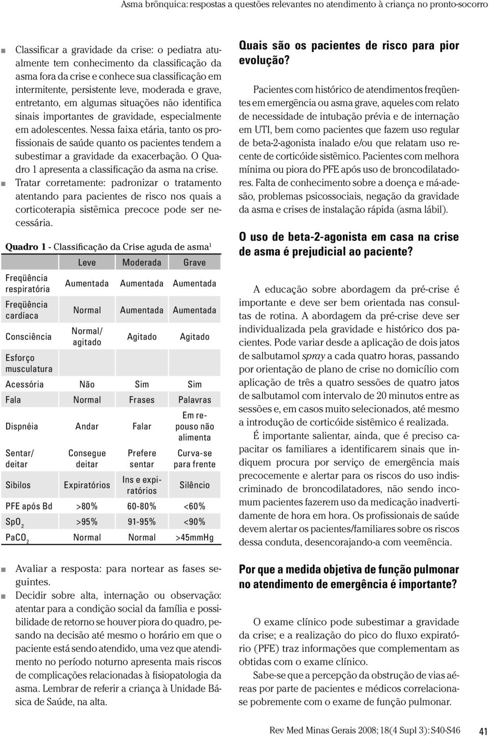 Nessa faixa etária, tanto os profissionais de saúde quanto os pacientes tendem a subestimar a gravidade da exacerbação. O Quadro 1 apresenta a classificação da asma na crise.