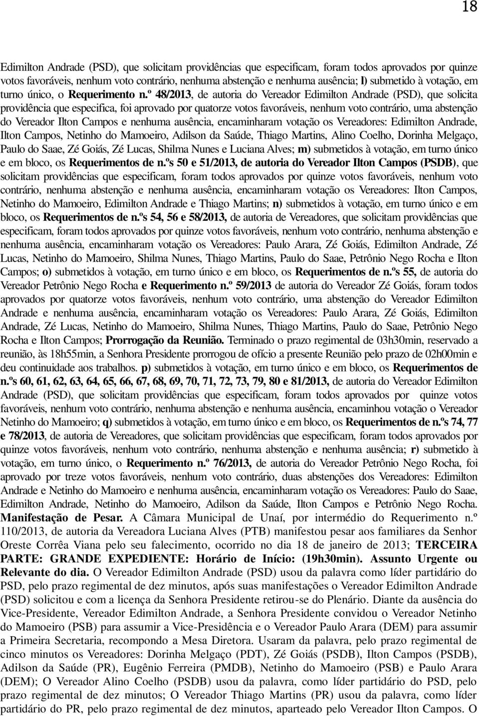 º 48/2013, de autoria do Vereador Edimilton Andrade (PSD), que solicita providência que especifica, foi aprovado por quatorze votos favoráveis, nenhum voto contrário, uma abstenção do Vereador Ilton