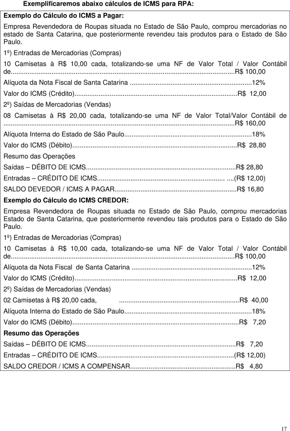 ..r$ 100,00 Alíquota da Nota Fiscal de Santa Catarina...12% Valor do ICMS (Crédito).