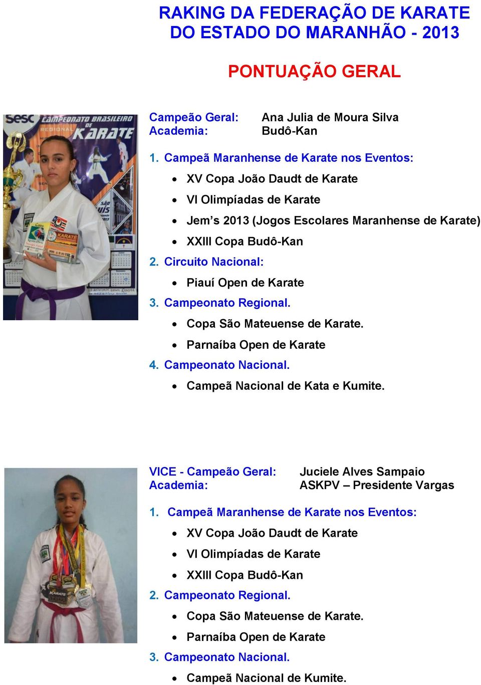 Copa São Mateuense de Karate. Parnaíba Open de Karate 4. Campeonato Nacional. Campeã Nacional de Kata e Kumite.