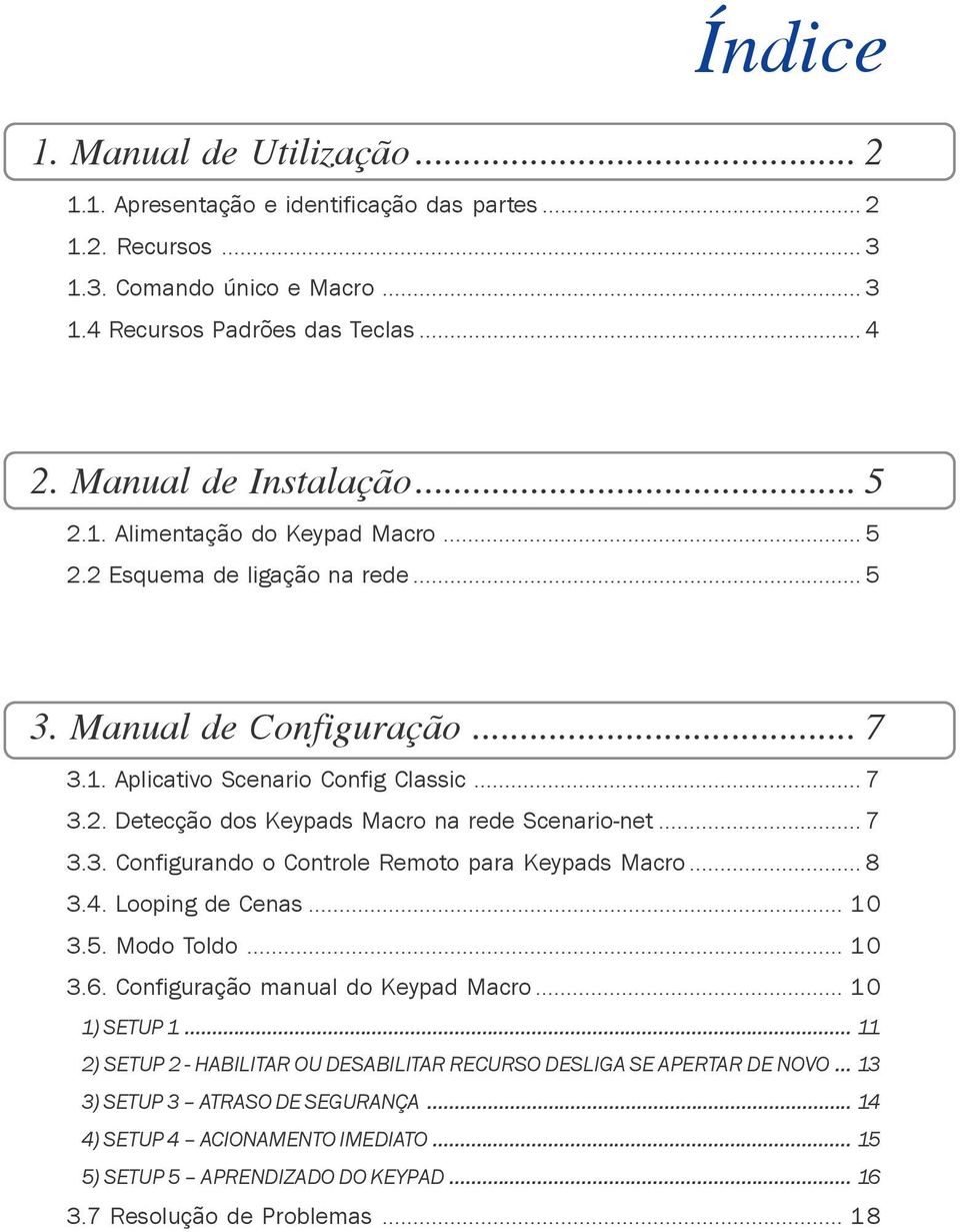 .. 7 3.3. Configurando o Controle Remoto para Keypads Macro... 8 3.4. Looping de Cenas... 10 3.5. Modo Toldo... 10 3.6. Configuração manual do Keypad Macro... 10 1) SETUP 1.