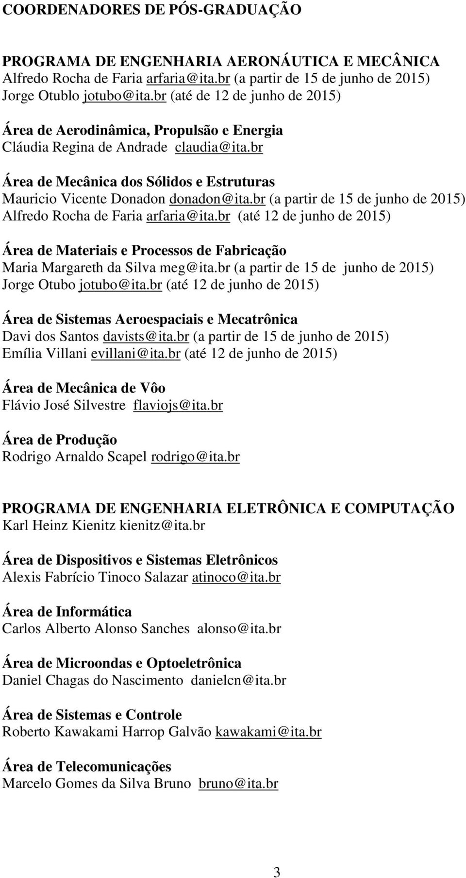 br (a partir de 15 de junho de 2015) Alfredo Rocha de Faria arfaria@ita.br (até 12 de junho de 2015) Área de Materiais e Processos de Fabricação Maria Margareth da Silva meg@ita.