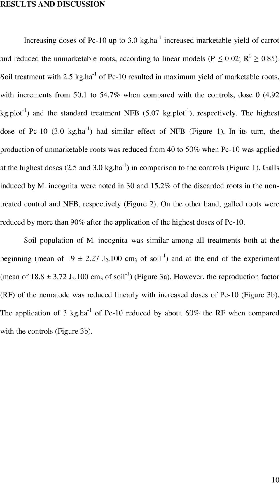 plot -1 ) and the standard treatment NFB (5.07 kg.plot -1 ), respectively. The highest dose of Pc-10 (3.0 kg.ha -1 ) had similar effect of NFB (Figure 1).