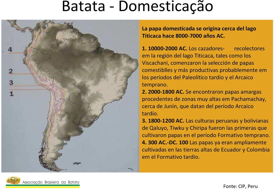 tardíoy elarcaico temprano. 2. 2000-1800 AC. Se encontraronpapas amargas procedentes de zonas muyaltas em Pachamachay, cerca de Junín, que datandelperíodo Arcaico tardío. 3. 1800-1200 AC.