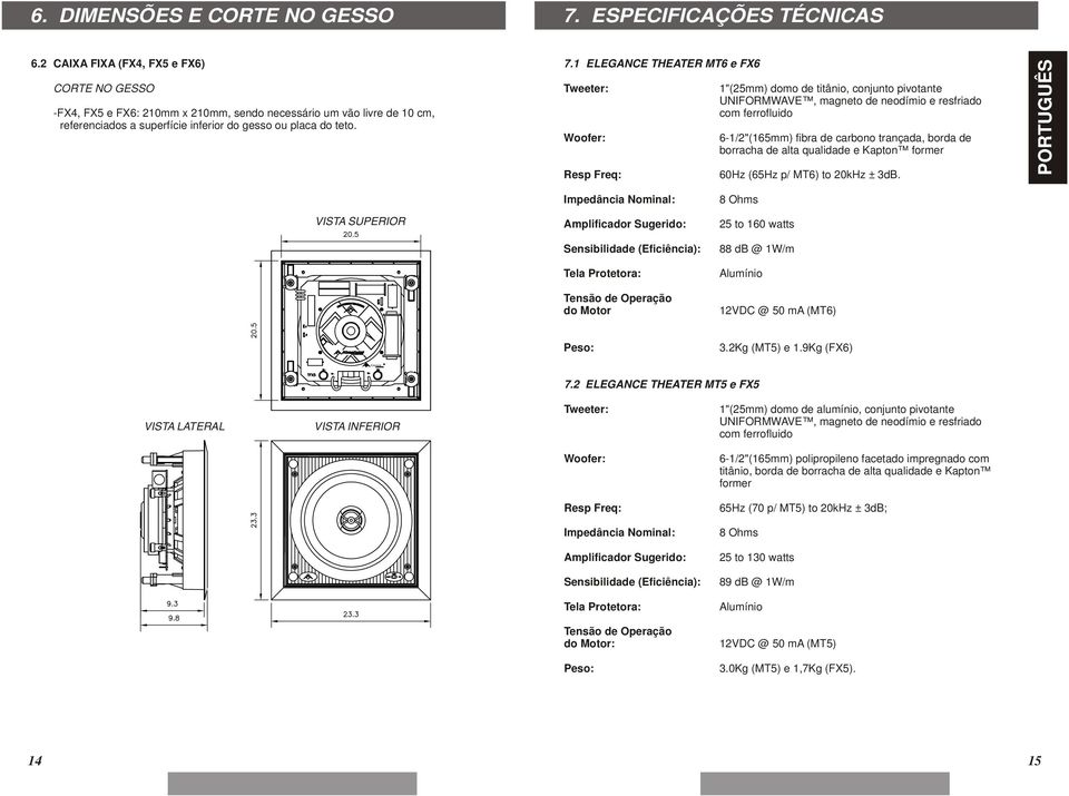 1 ELEGANCE THEATER MT6 e FX6 Tweeter: Woofer: Resp Freq: 1"(25mm) domo de titânio, conjunto pivotante UNIFORMWAVE, magneto de neodímio e resfriado com ferrofluido 6-1/2"(165mm) fibra de carbono