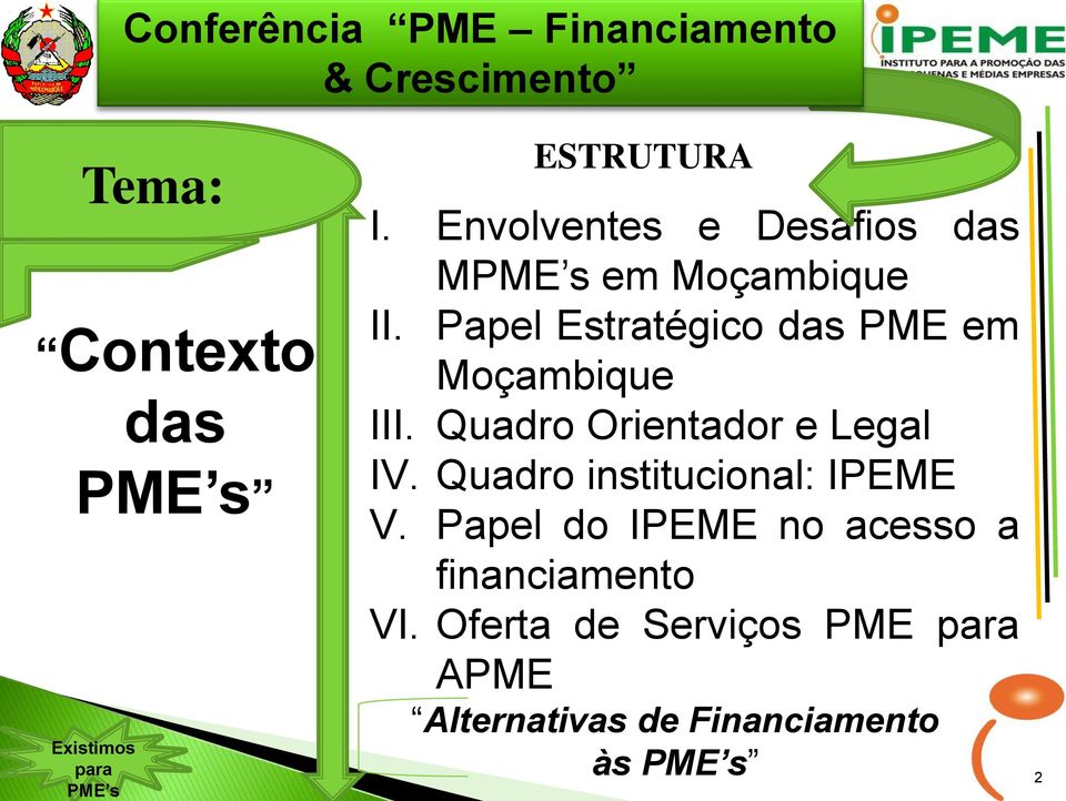 Papel Estratégico das PME em Moçambique III. Quadro Orientador e Legal IV.
