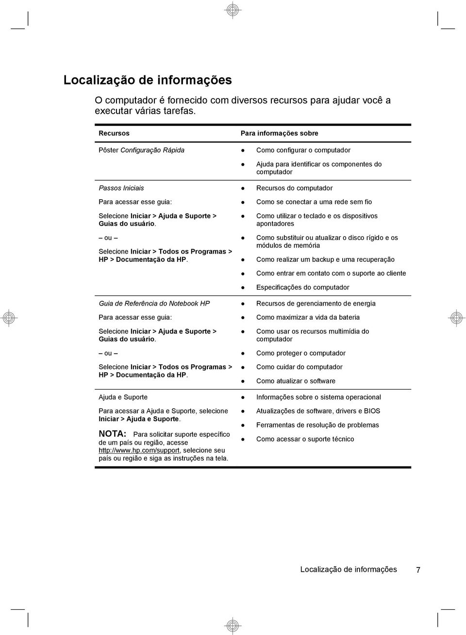 ou Selecione Iniciar > Todos os Programas > HP > Documentação da HP. Guia de Referência do Notebook HP Para acessar esse guia: Selecione Iniciar > Ajuda e Suporte > Guias do usuário.