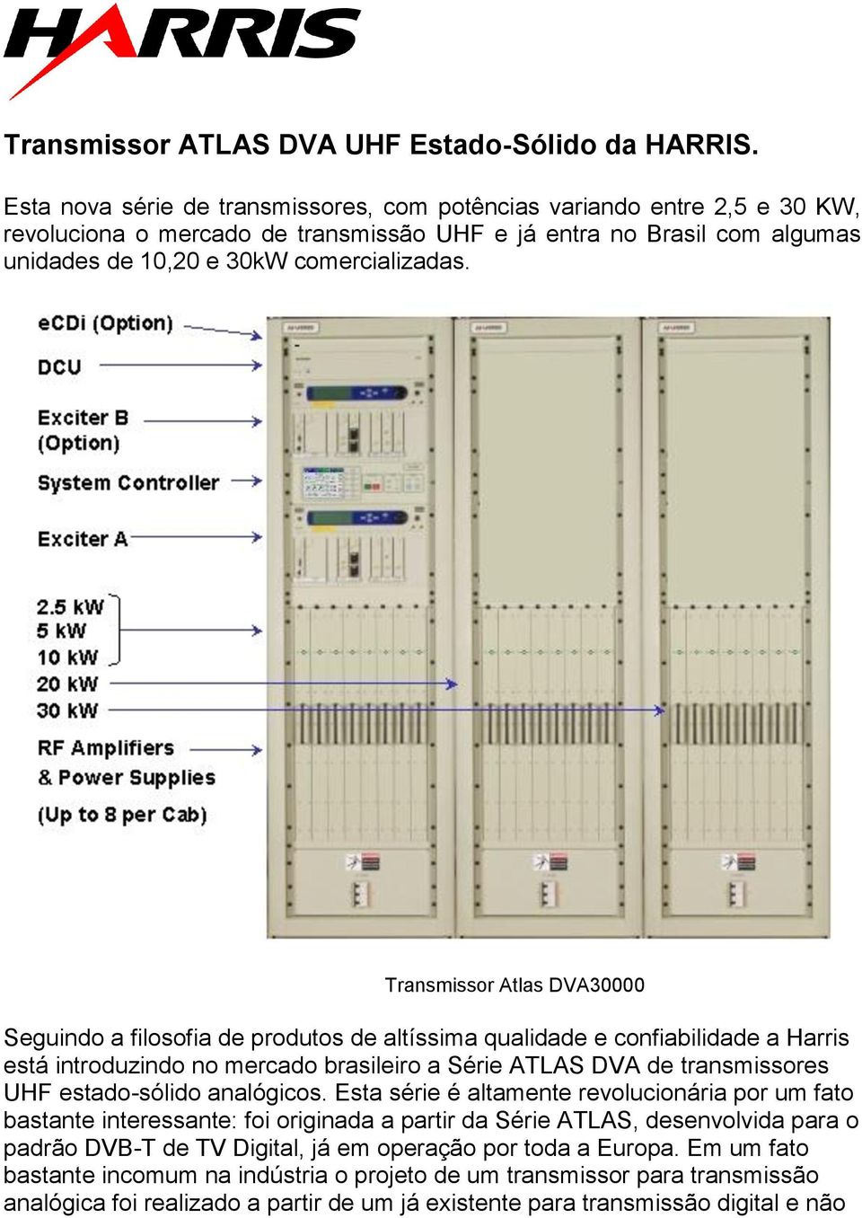 Transmissor Atlas DVA30000 Seguindo a filosofia de produtos de altíssima qualidade e confiabilidade a Harris está introduzindo no mercado brasileiro a Série ATLAS DVA de transmissores UHF