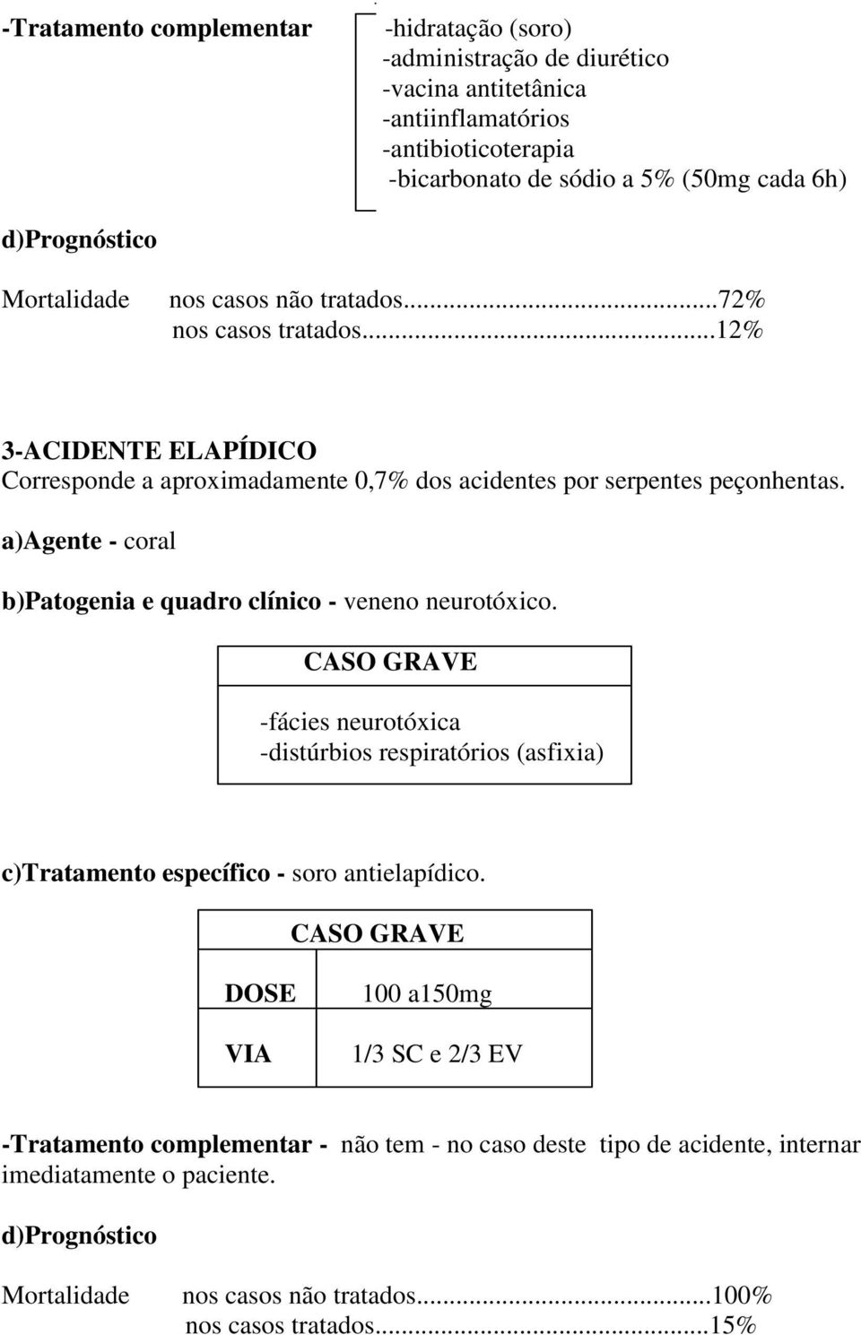 a)agente - coral b)patogenia e quadro clínico - veneno neurotóxico. CASO GRAVE -fácies neurotóxica -distúrbios respiratórios (asfixia) c)tratamento específico - soro antielapídico.