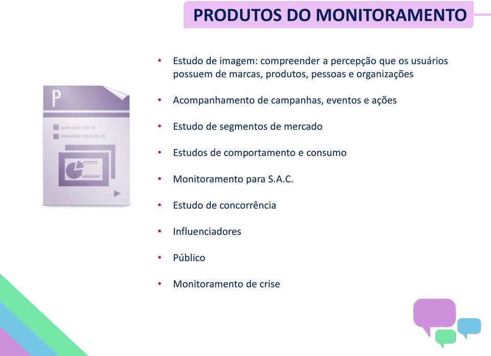 eventos e ações Estudo de segmentos de mercado Estudos de comportamento e consumo