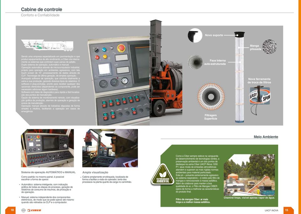 Operação automática através de microcomputador industrial, próprio para operação em ambientes agressivos, com tela touch screen de 15, processamento de dados através de CLP.