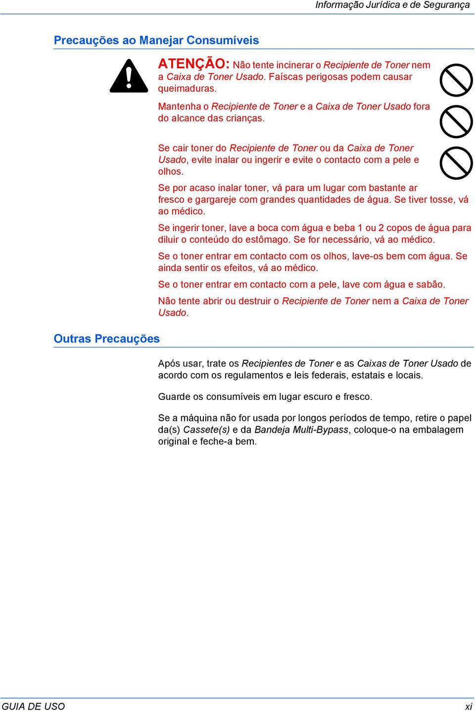 Outras Precauções Se cair toner do Recipiente de Toner ou da Caixa de Toner Usado, evite inalar ou ingerir e evite o contacto com a pele e olhos.