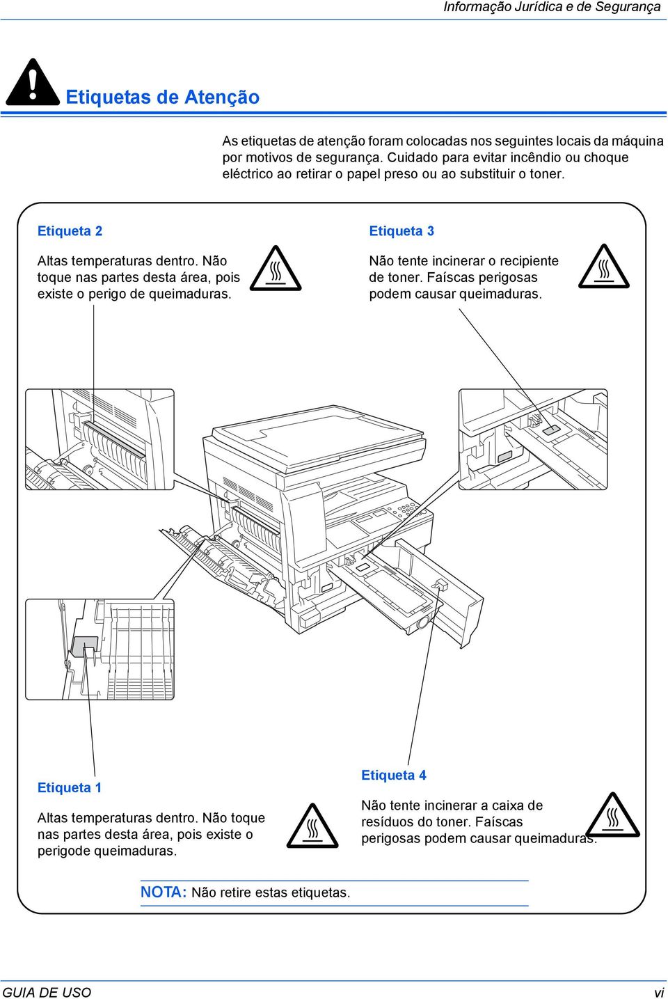 Não toque nas partes desta área, pois existe o perigo de queimaduras. Etiqueta 3 Não tente incinerar o recipiente de toner. Faíscas perigosas podem causar queimaduras.