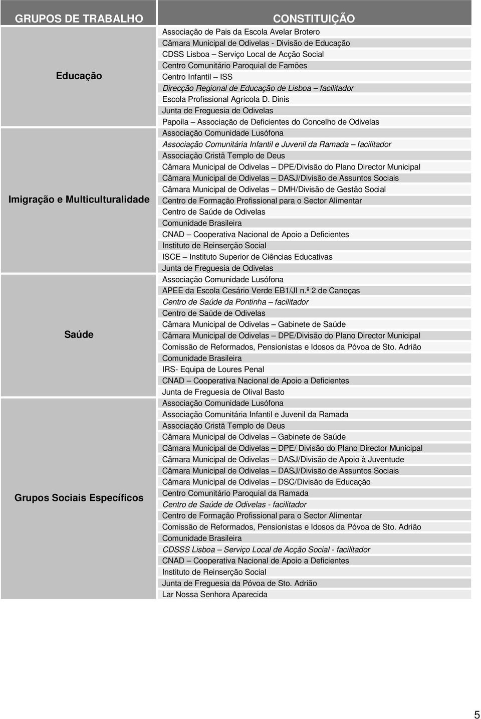 Dinis Junta de Freguesia de Odivelas Papoila Associação de Deficientes do Concelho de Odivelas Associação Comunidade Lusófona Associação Comunitária Infantil e Juvenil da Ramada facilitador