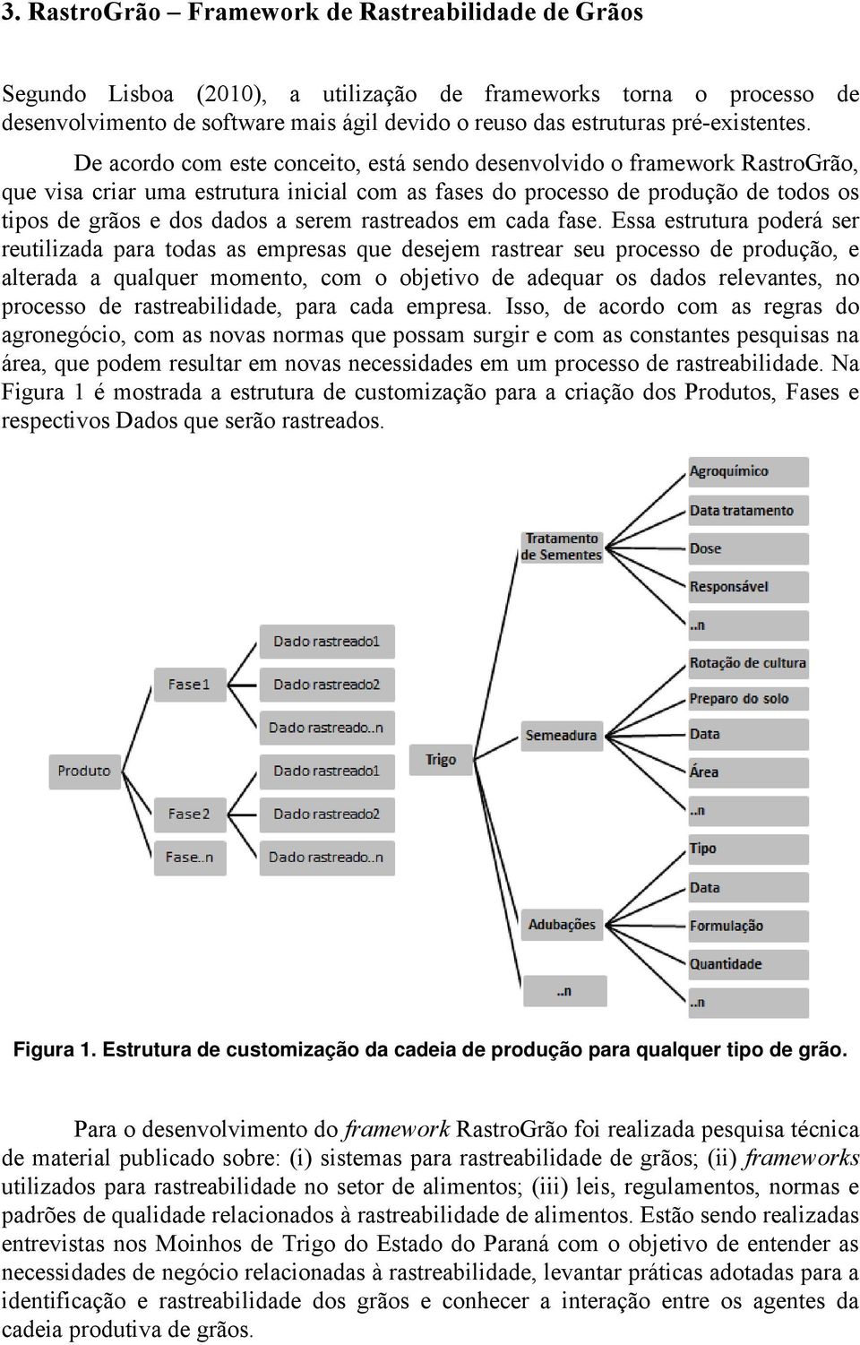 De acordo com este conceito, está sendo desenvolvido o framework RastroGrão, que visa criar uma estrutura inicial com as fases do processo de produção de todos os tipos de grãos e dos dados a serem