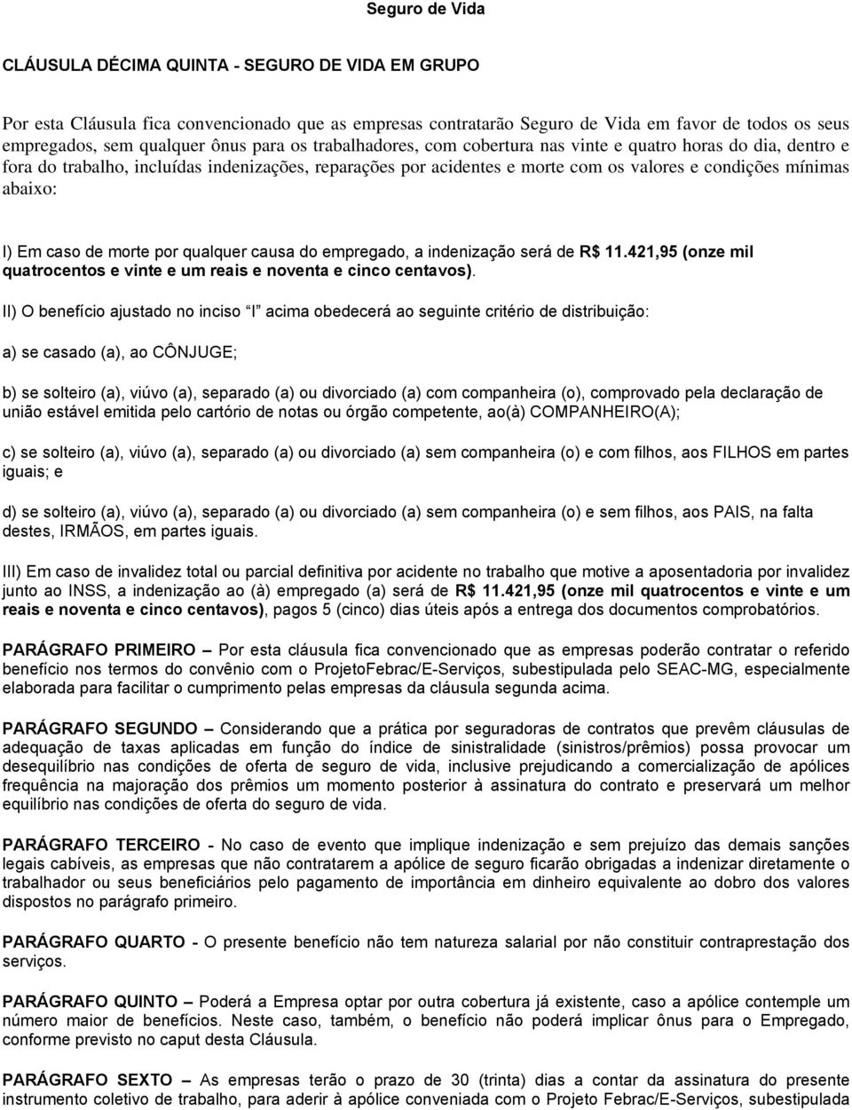 Em caso de morte por qualquer causa do empregado, a indenização será de R$ 11.421,95 (onze mil quatrocentos e vinte e um reais e noventa e cinco centavos).