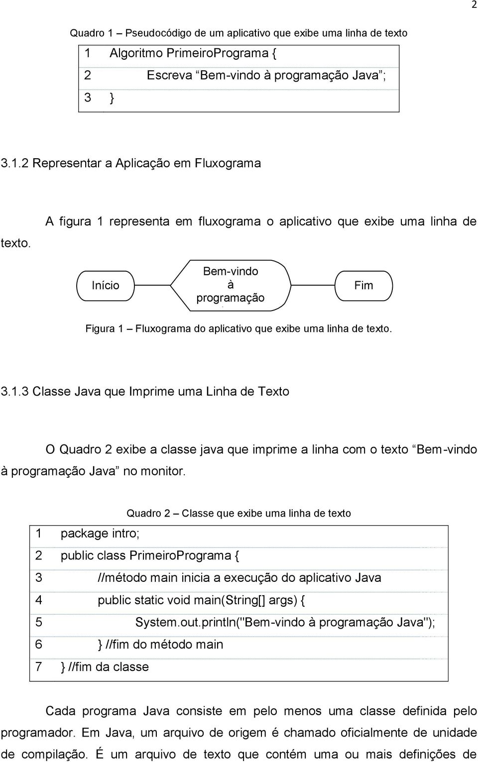 Quadro 2 Classe que exibe uma linha de texto 1 package intro; 2 public class PrimeiroPrograma { 3 //método main inicia a execução do aplicativo Java 4 public static void main(string[] args) { 5