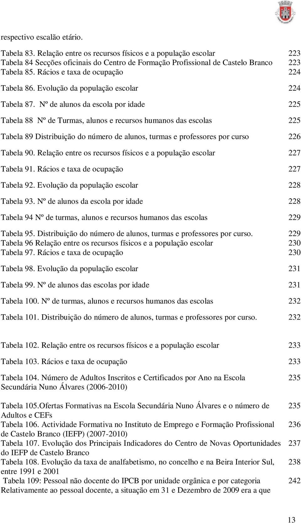 Nº de alunos da escola por idade 225 Tabela 88 Nº de Turmas, alunos e recursos humanos das escolas 225 Tabela 89 Distribuição do número de alunos, turmas e professores por curso 226 Tabela 90.