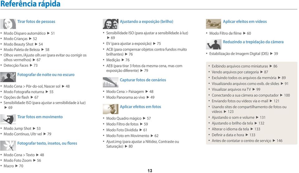 Sensibilidade ISO (para ajustar a sensibilidade à luz) 69 Tirar fotos em movimento Modo Jump Shot 53 Modo Contínuo, Ultr vel 79 Fotografar texto, insetos, ou flores Modo Cena > Texto 48 Modo Foto