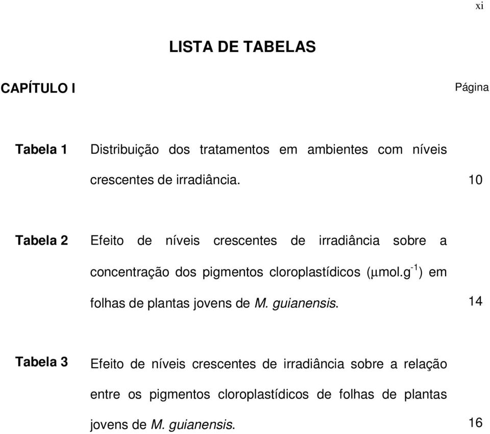 10 Tabela 2 Efeito de níveis crescentes de irradiância sobre a concentração dos pigmentos cloroplastídicos