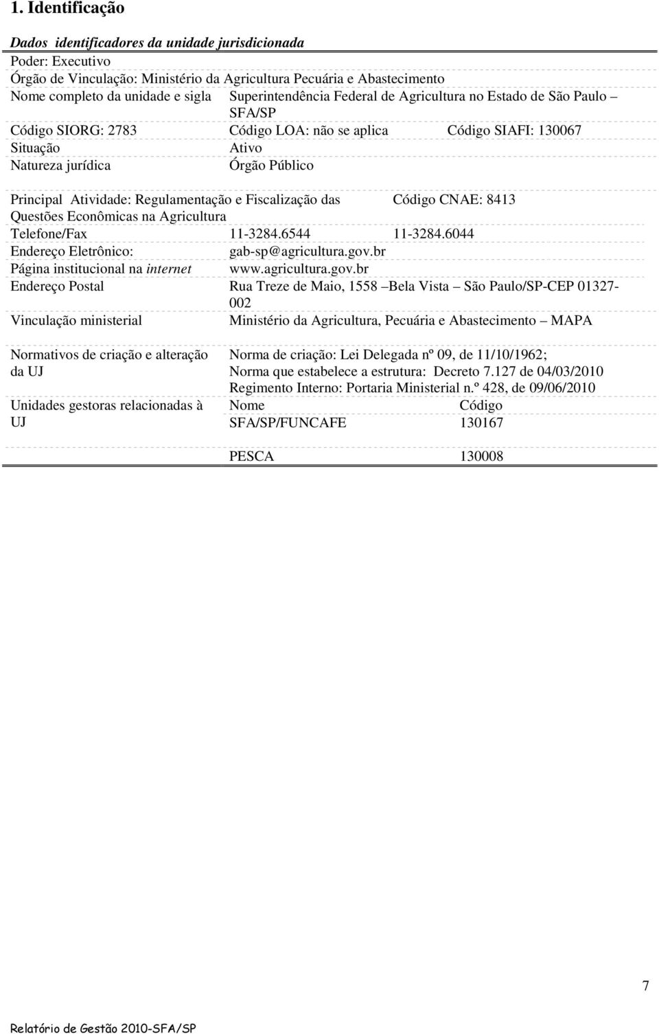 Atividade: Regulamentação e Fiscalização das Código CNAE: 8413 Questões Econômicas na Agricultura Telefone/Fax 11-3284.6544 11-3284.6044 Endereço Eletrônico: gab-sp@agricultura.gov.