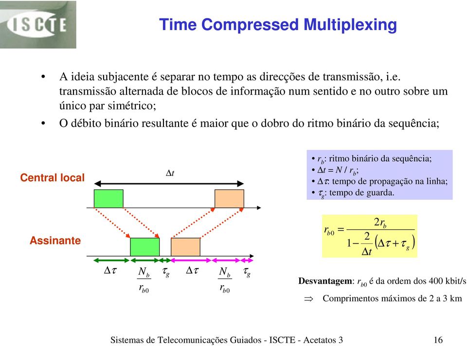 ritmo binário da sequência; t = N / r b ; τ: tempo de propagação na linha; τ g : tempo de guarda.
