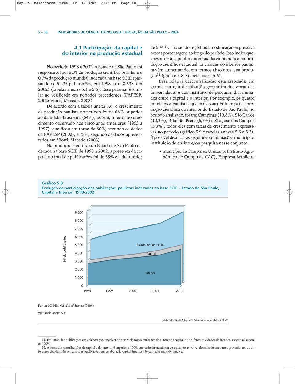 indexada na base SCIE (passando de 5.235 publicações, em 1998, para 8.538, em 2002) (tabelas anexas 5.1 e 5.6).