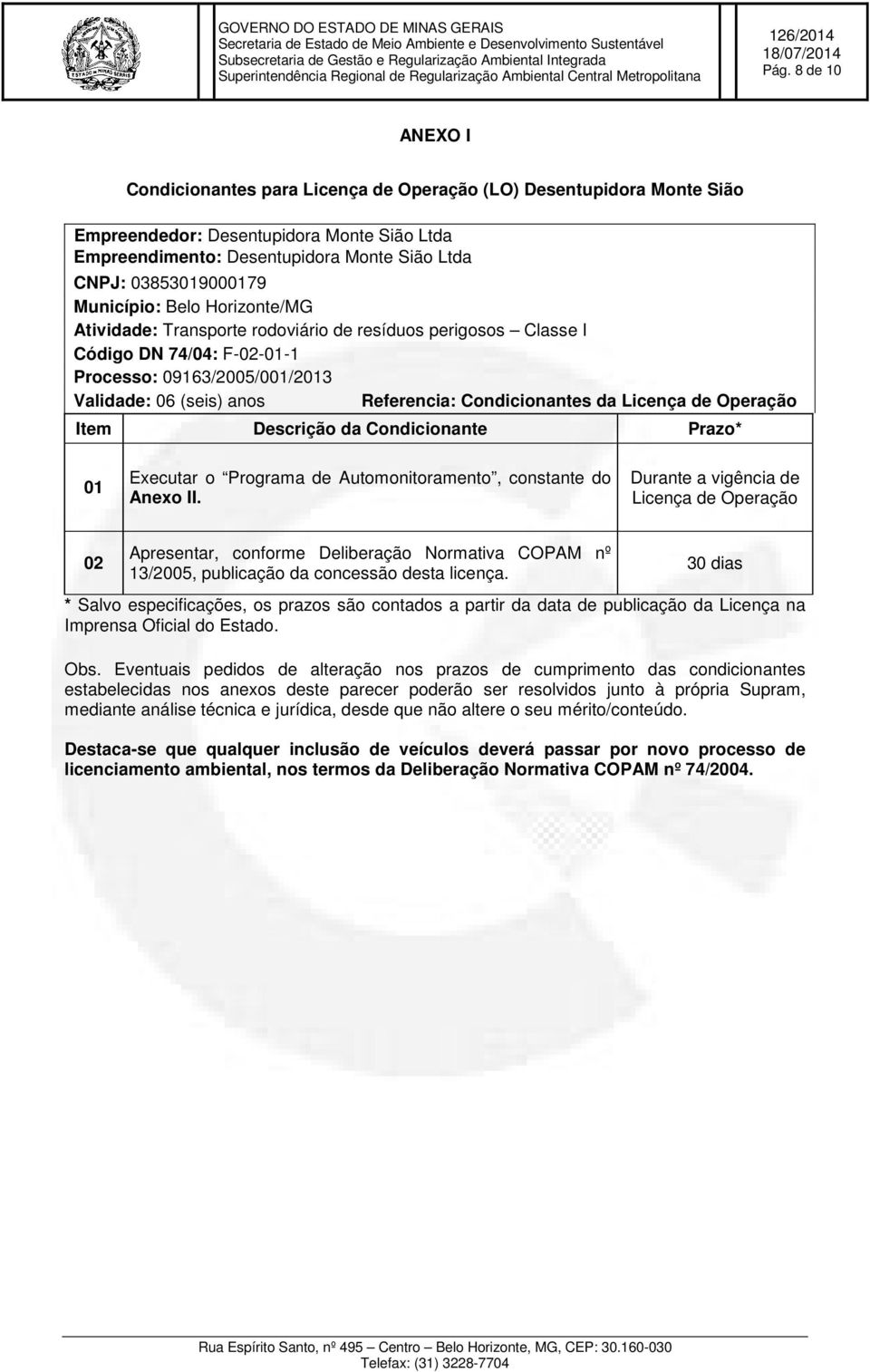 Referencia: Condicionantes da Licença de Operação Item Descrição da Condicionante Prazo* 01 Executar o Programa de Automonitoramento, constante do Anexo II.