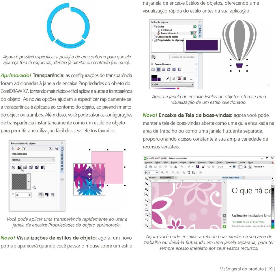 Transparência: as configurações de transparência foram adicionadas à janela de encaixe Propriedades do objeto do CorelDRAW X7, tornando mais rápido e fácil aplicar e ajustar a transparência do objeto.