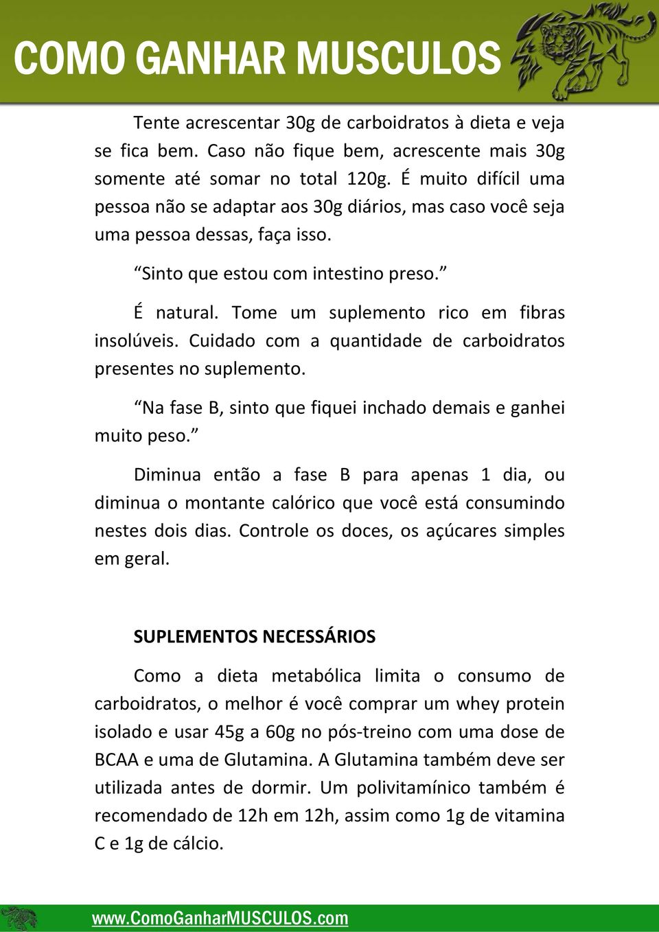 Tome um suplemento rico em fibras insolúveis. Cuidado com a quantidade de carboidratos presentes no suplemento. Na fase B, sinto que fiquei inchado demais e ganhei muito peso.