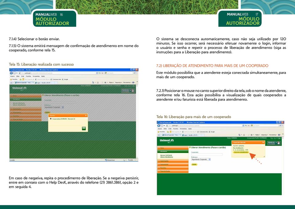 Se isso ocorrer, será necessário efetuar novamente o login, informar o usuário e senha e repetir o processo de liberação de atendimento (siga as instruções para a Liberação para atendimento).