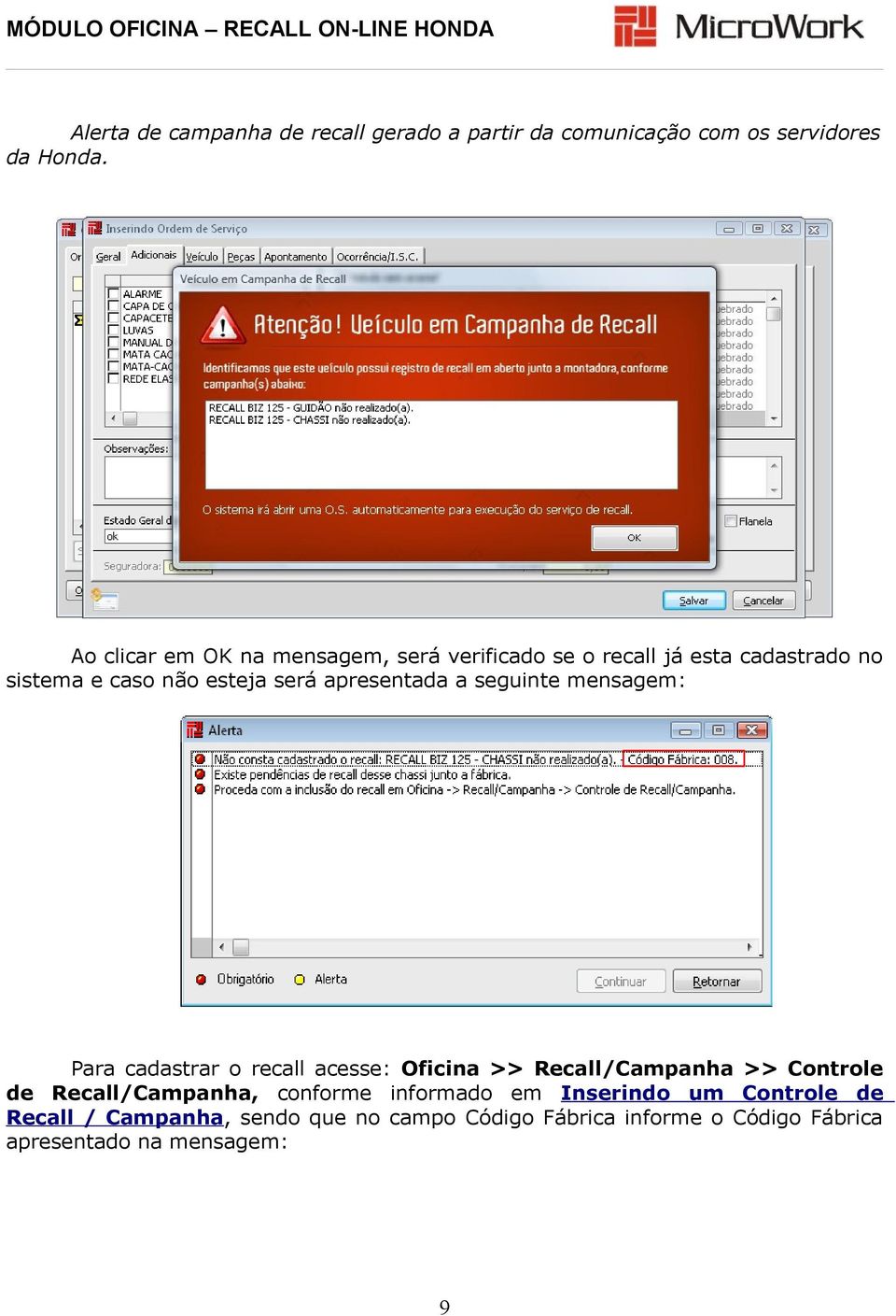 apresentada a seguinte mensagem: Para cadastrar o recall acesse: Oficina >> Recall/Campanha >> Controle de