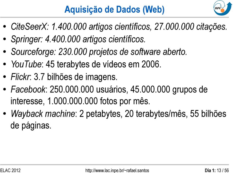 Facebook: 250.000.000 usuários, 45.000.000 grupos de interesse, 1.000.000.000 fotos por mês.