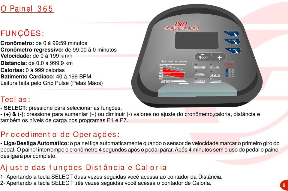 85 % ofth e ma xim u m he a ra tr te 6% 5 o f the ma ximu m hea rt rate 20 25 30 35 40 45 50 55 60 65 AGE YEARS P-1 P-2 P-3 - RESET P-4 P-5 P-6 + SELECT CAL/WATT P-7 Max. 50% P-8 Max. 60% P-9 Max.