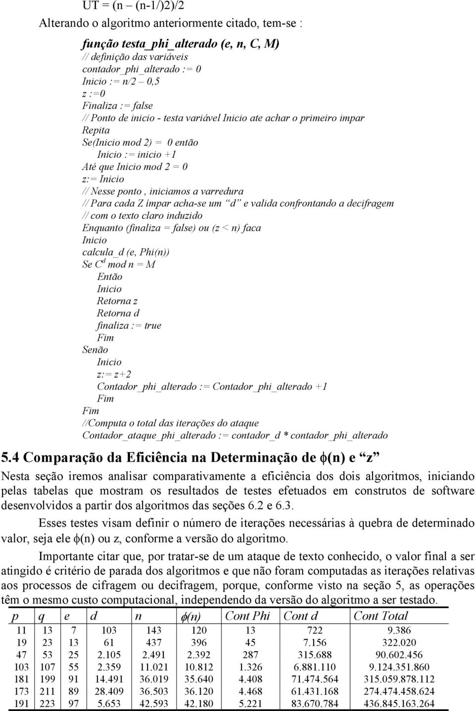 varredura // Para cada Z ímpar acha-se um d e valida confrontando a decifragem // com o texto claro induzido Enquanto (finaliza = false) ou (z < n) faca Inicio calcula_d (e, Phi(n)) Se C d mod n = M