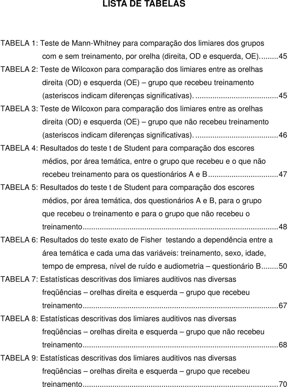 ...45 TABELA 3: Teste de Wilcoxon para comparação dos limiares entre as orelhas direita (OD) e esquerda (OE) grupo que não recebeu treinamento (asteriscos indicam diferenças significativas).