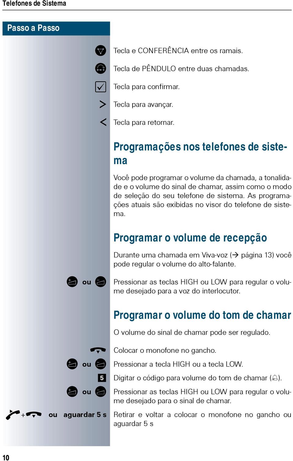 As programações atuais são exibidas no visor do telefone de sistema. Programar o volume de recepção Durante uma chamada em Viva-voz ( página 13) você pode regular o volume do alto-falante.