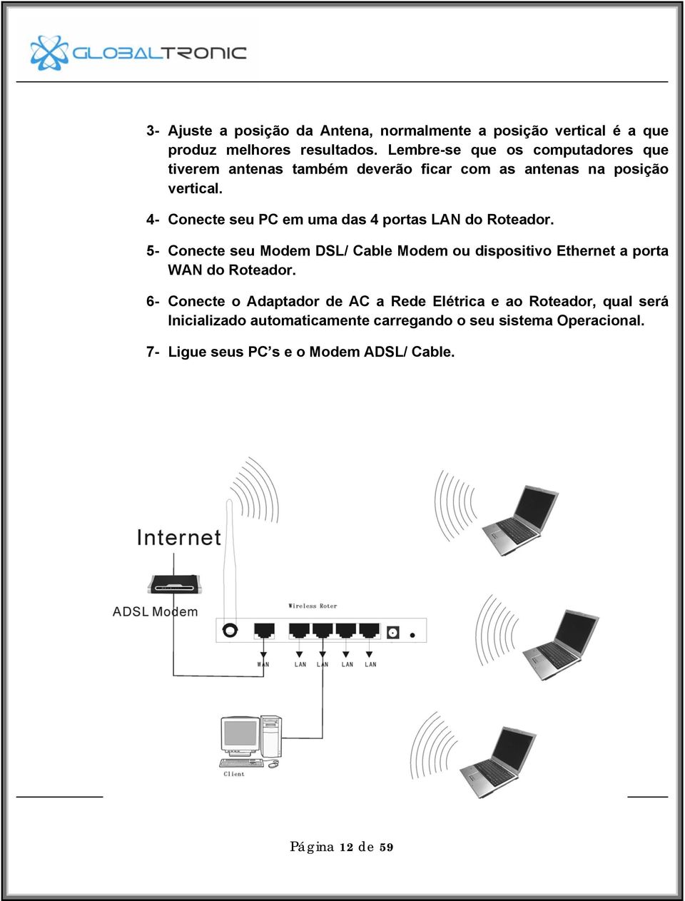 4- Conecte seu PC em uma das 4 portas LAN do Roteador.